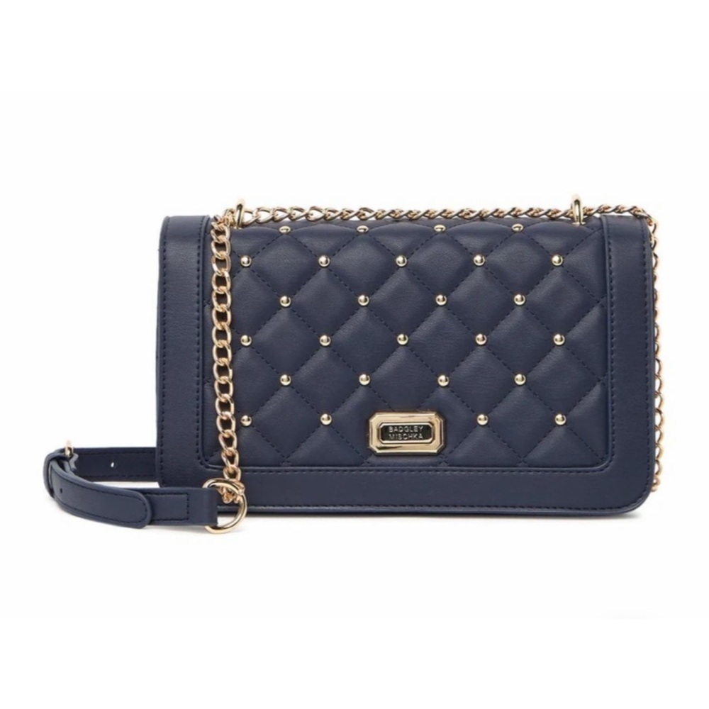 BADGLEY MISCHKA Vegan Leather Navy Studded Medium Size Crossbody Purse Bag